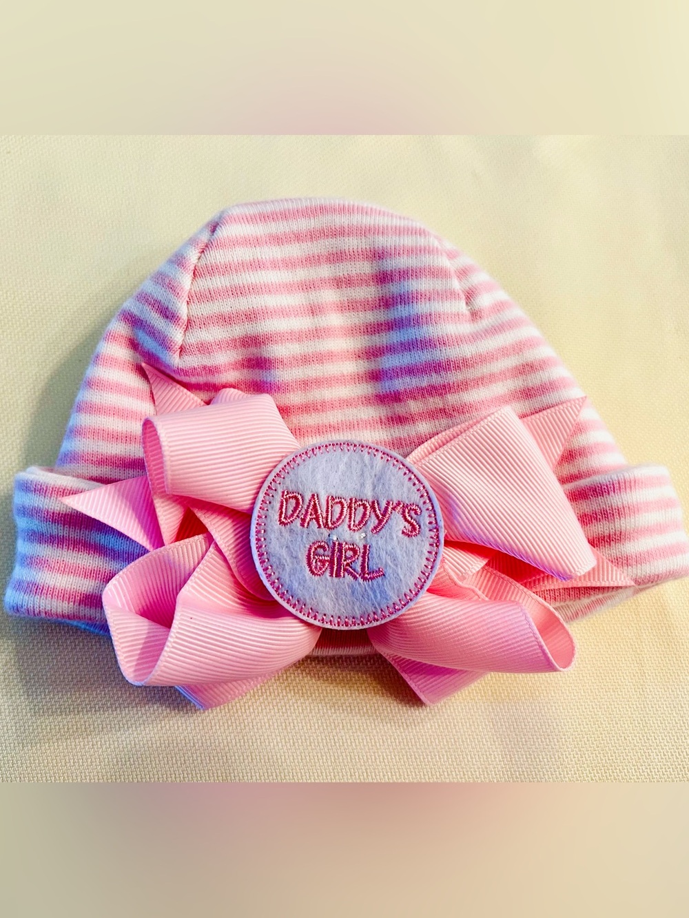 Mud Pie Pink Striped Baby Beanie with Bow and 'Daddy's Girl' Patch